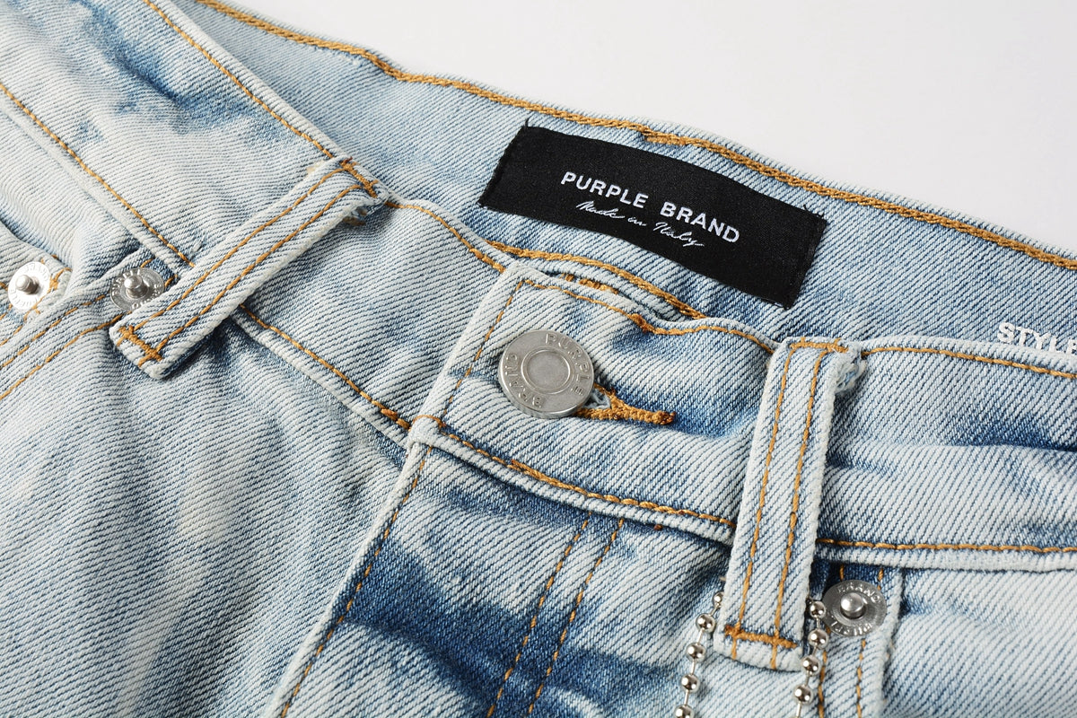 Men Streetwear Denim Shorts Light Blue Wash with Washed Distressed Raw Hem 5017