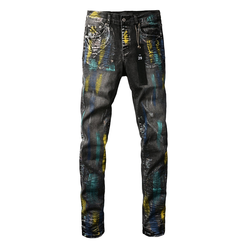 Men Streetwear Skinny Jeans Black Wash with Colorful Graffiti Paint Splash 9078