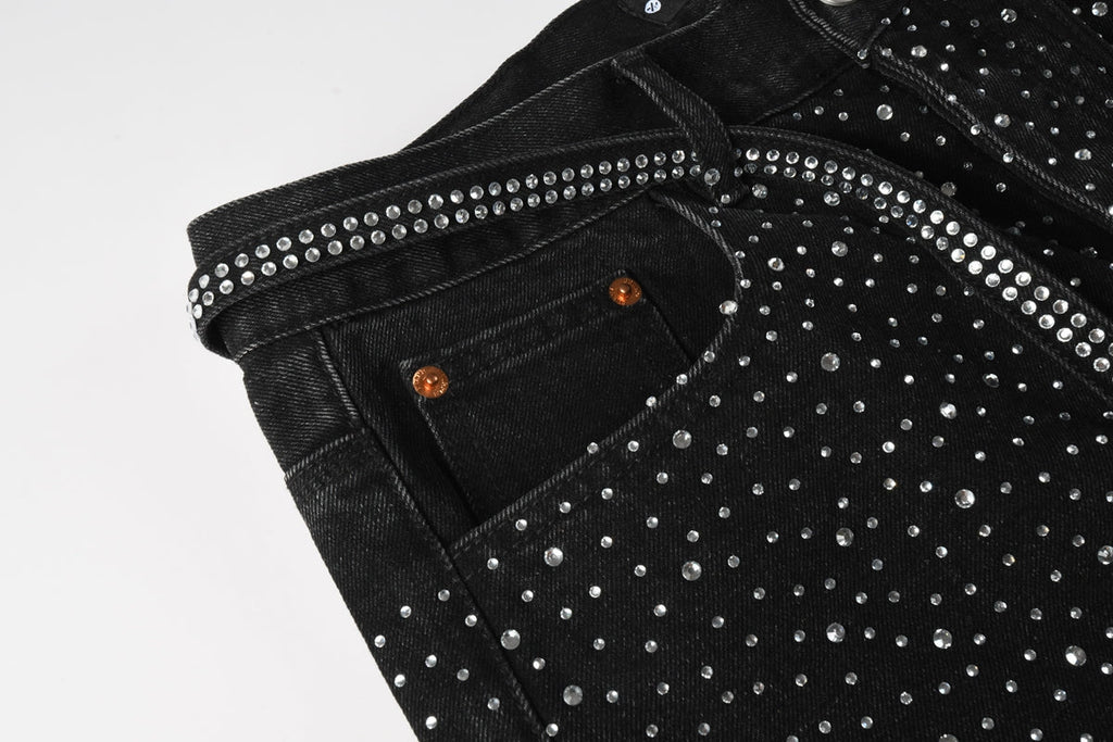 Men Streetwear Black Denim Shorts with Allover Rhinestone Studs and Zipper Details 5095