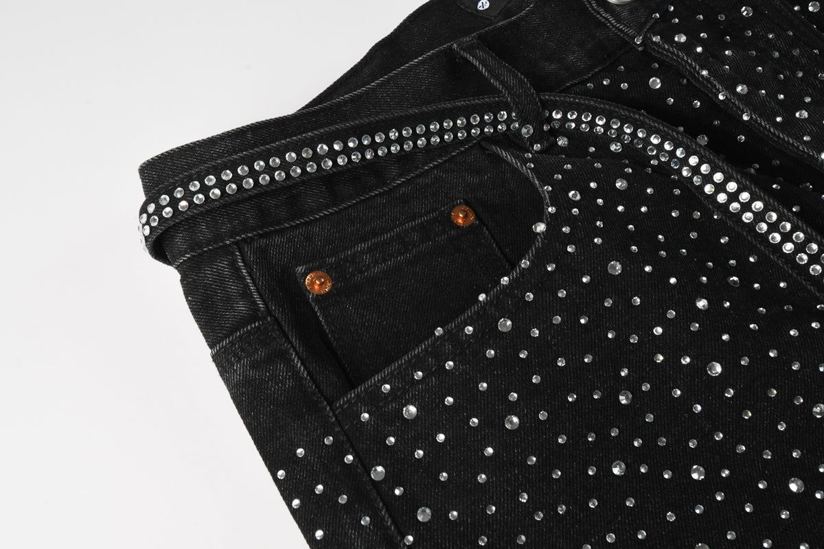 Men Streetwear Black Denim Shorts with Allover Rhinestone Studs and Zipper Details 5095