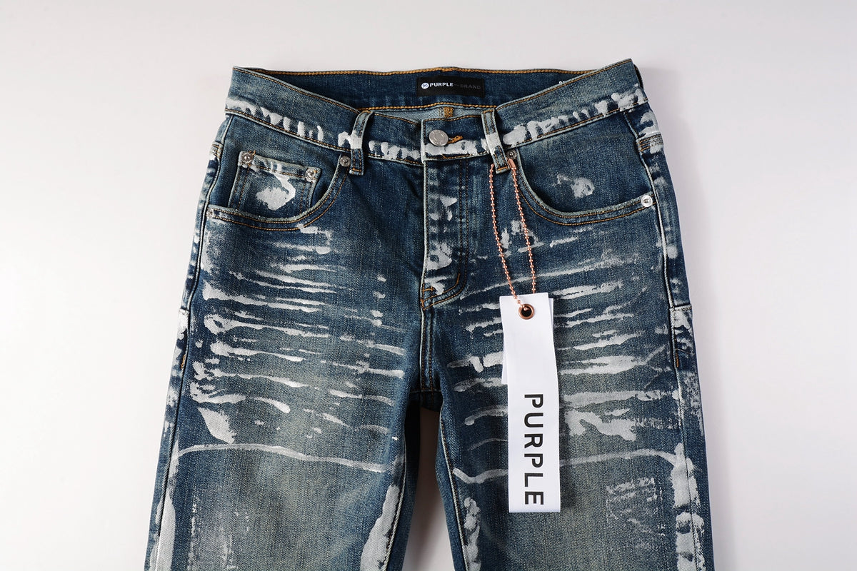 Men Streetwear Skinny Jeans Dark Blue Wash with White Brushstroke Distress 9040