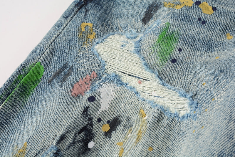 Men Streetwear Skinny Jeans Light Blue Wash with Multi-Color Paint Splatter and Distressed Rips 9072