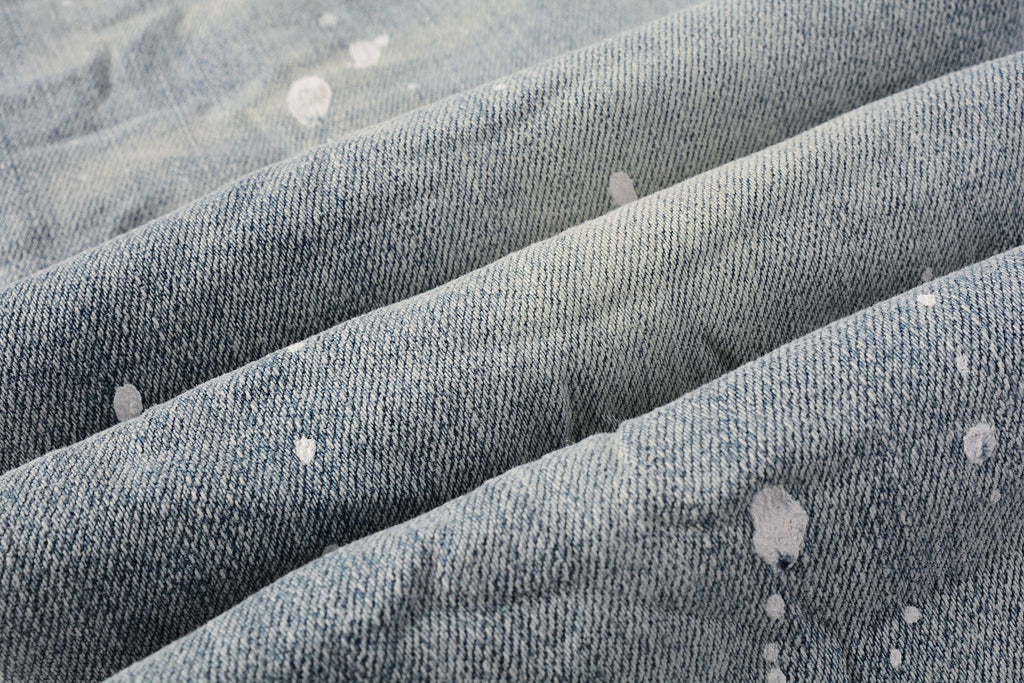 Men Streetwear Skinny Jeans Light Blue Wash with Heavy Distressed Rips and White Paint Splatter 9003