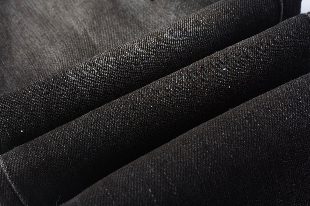 Men Streetwear Skinny Jeans Dark Gray Wash with White Paint Splatter and Distressed Rips 9030