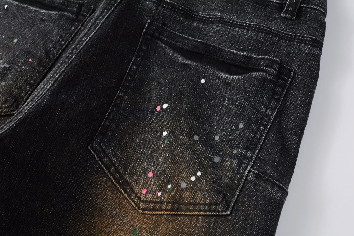 Men’s Black Skinny Jeans with Rust-Toned Wash and Multicolor Paint Splatter Artistic Distressed Street 9109