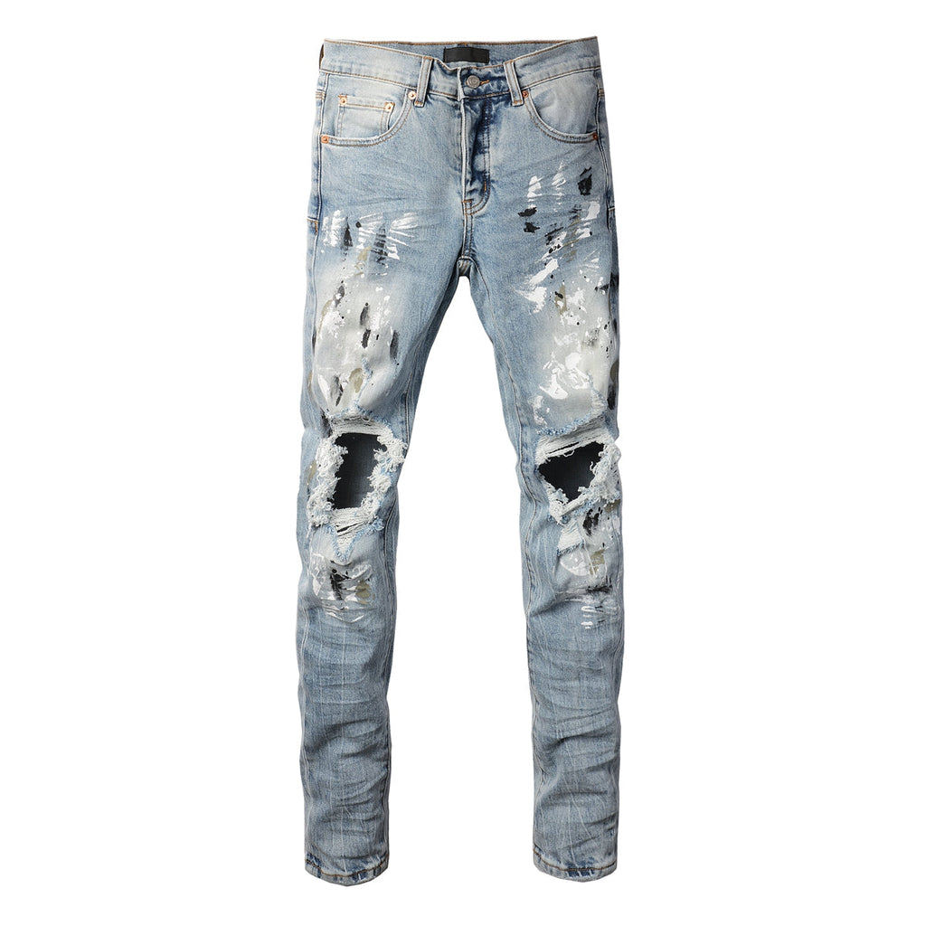 Men Streetwear Jeans Light Blue Paint Splash Distressed Ripped skinny 9100