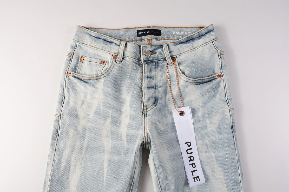 Men Streetwear Skinny Jeans Light Blue Wash with White Brushstroke Texture 7017