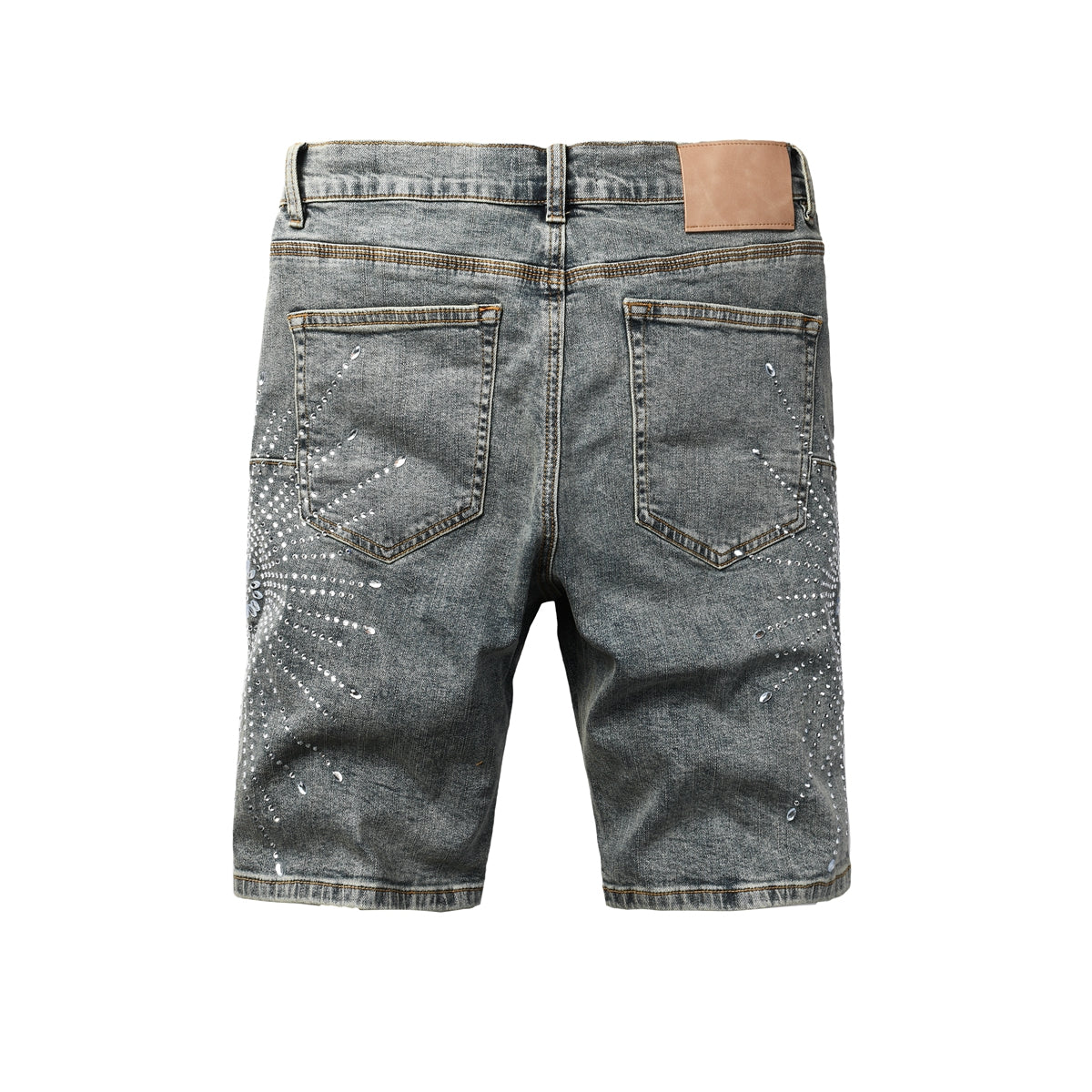 Men Streetwear Light Blue Denim Shorts with Radial White Rhinestone Designs 5093