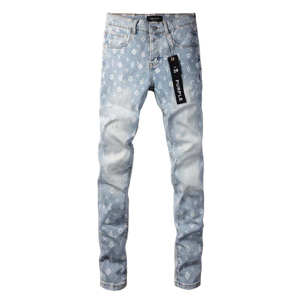 Men Streetwear Skinny Jeans Light Blue Wash with All - Over Pattern Print 9089