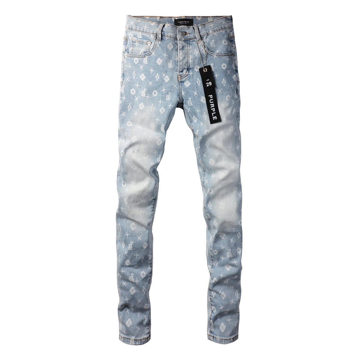 Men Streetwear Skinny Jeans Light Blue Wash with All - Over Pattern Print 9089