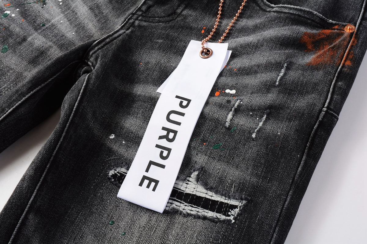 Men Streetwear Skinny Jeans Dark Gray Wash with Distressed Rips and Multi-Color Paint Splatter 9018