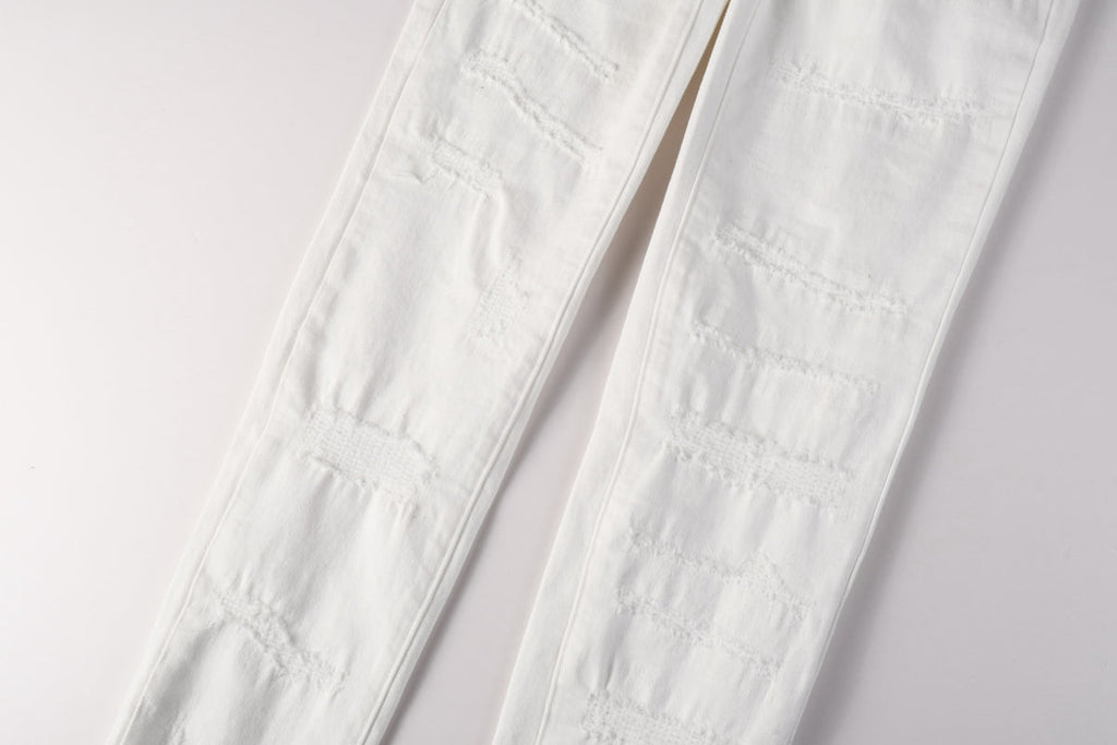 Men Classic Streetwear Skinny Jeans Solid White with Subtle Distressed Details PU9118