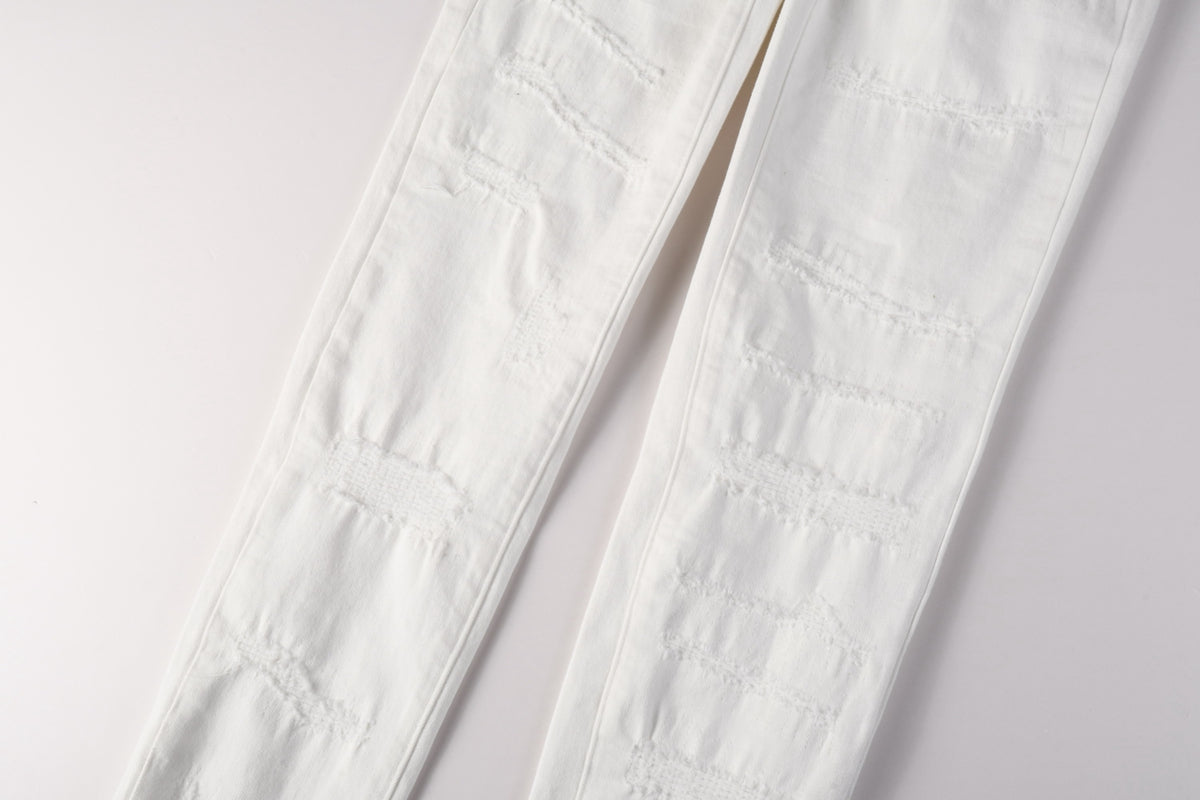 Men Classic Streetwear Skinny Jeans Solid White with Subtle Distressed Details PU9118