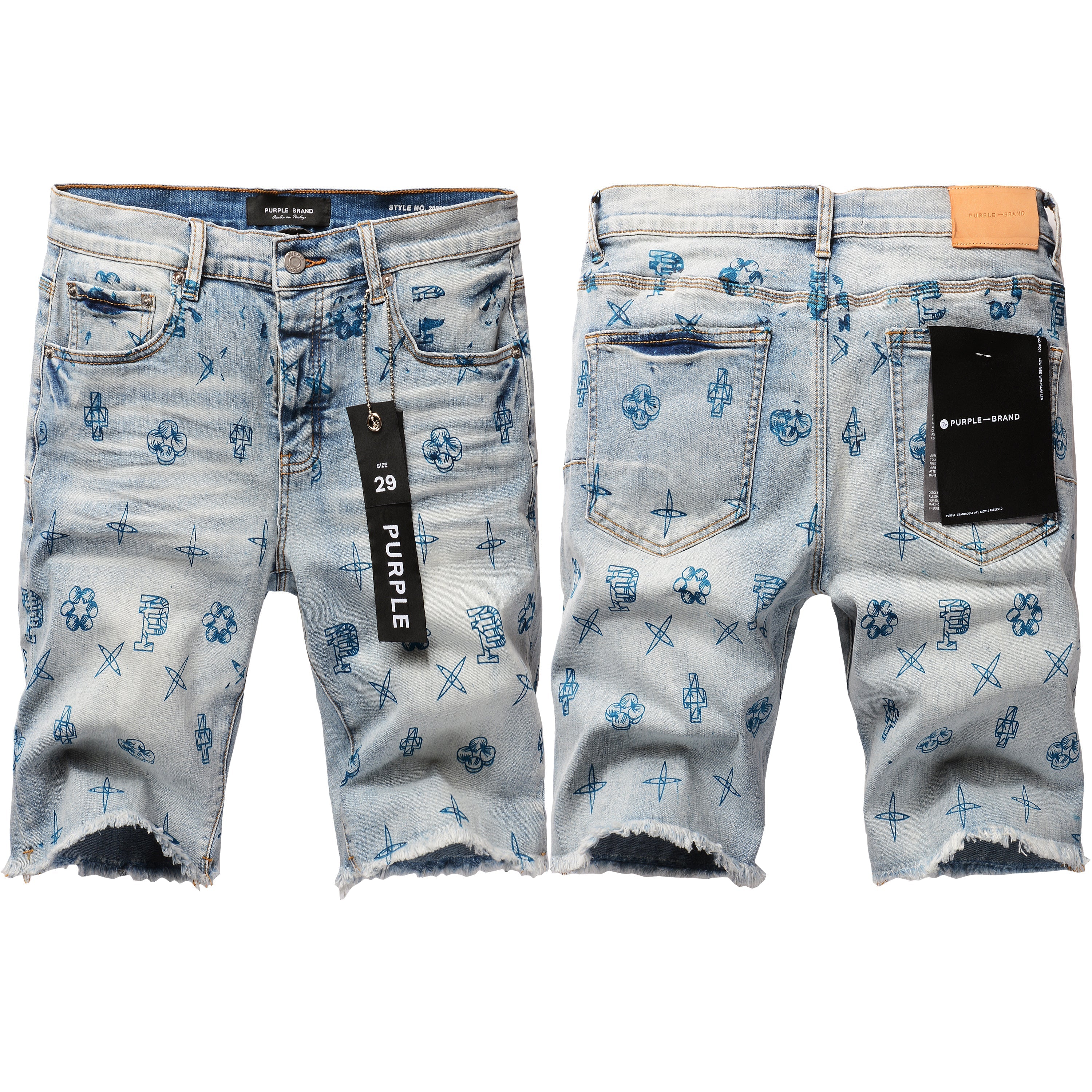 Men Streetwear Denim Shorts Light Blue Wash with Blue Graphic Print and Raw Hem 5063