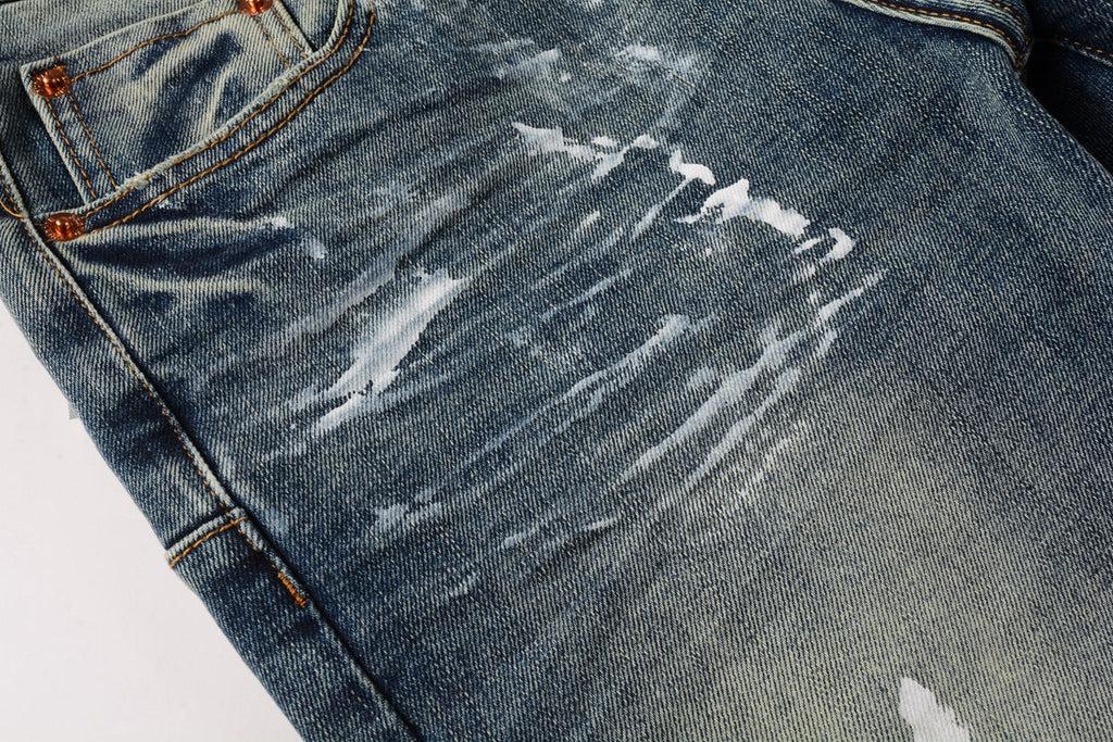 Men Streetwear Skinny Jeans Light Blue Wash with White Paint Brush Strokes 9060