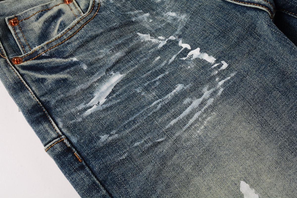 Men Streetwear Skinny Jeans Light Blue Wash with White Paint Brush Strokes 9060