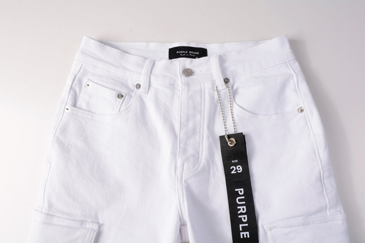Men Streetwear White Cargo Denim Shorts with Multiple Pockets and Raw Hem 5082