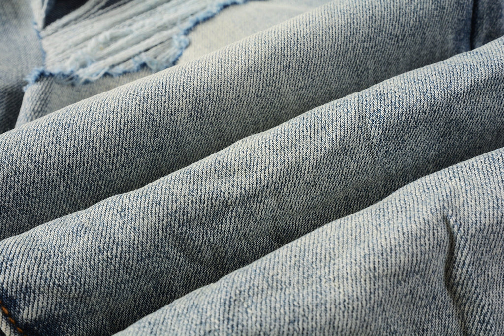 Men Streetwear Skinny Jeans Light Blue Wash with Subtle White Pattern Wash 9013