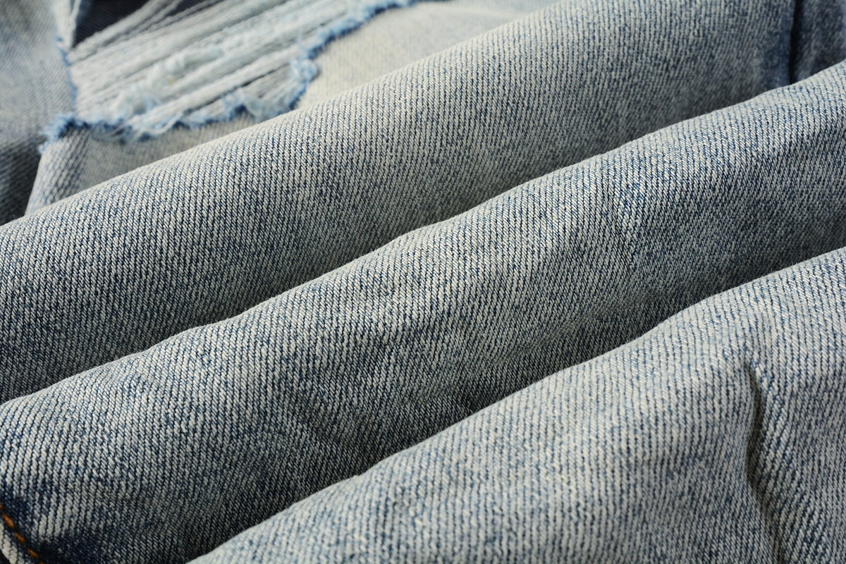 Men Streetwear Skinny Jeans Light Blue Wash with Subtle White Pattern Wash 9013