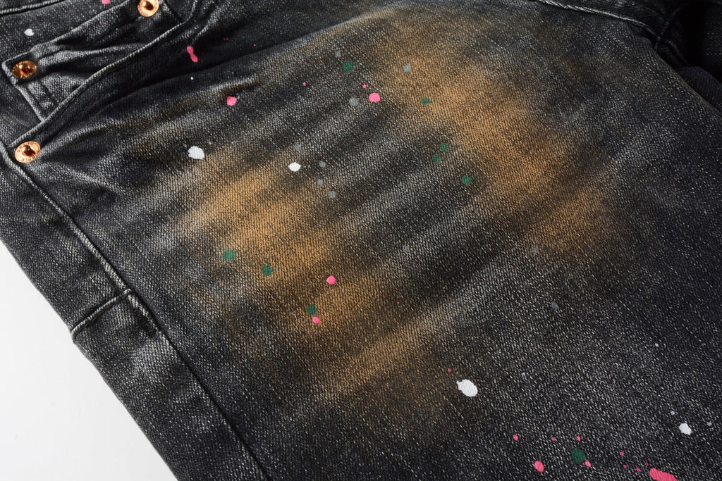 Men’s Black Skinny Jeans with Rust-Toned Wash and Multicolor Paint Splatter Artistic Distressed Street 9109