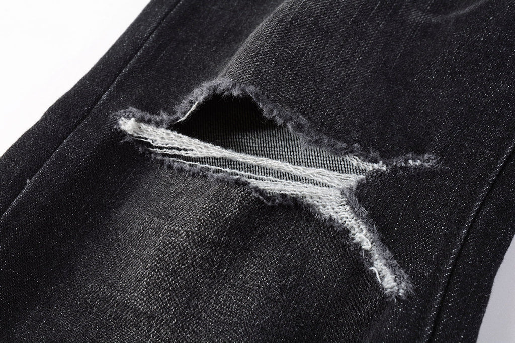 Men Streetwear Skinny Jeans Black Wash with Knee Rips and White Paint Specks 9035
