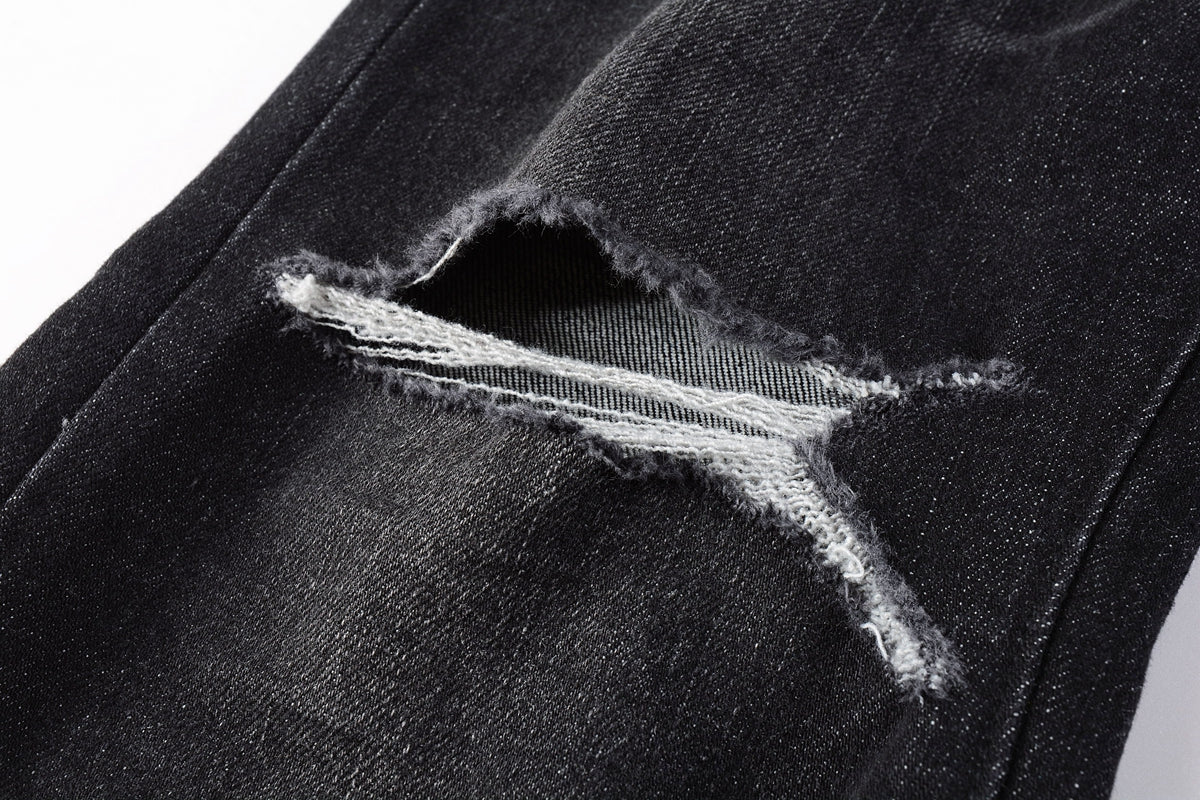 Men Streetwear Skinny Jeans Black Wash with Knee Rips and White Paint Specks 9035