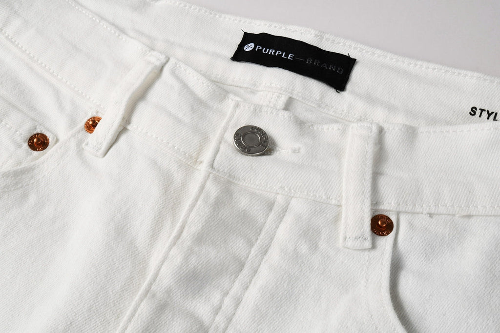 Men Designer Streetwear Skinny Jeans Solid White with 3D Embossed Monogram Pattern 9113