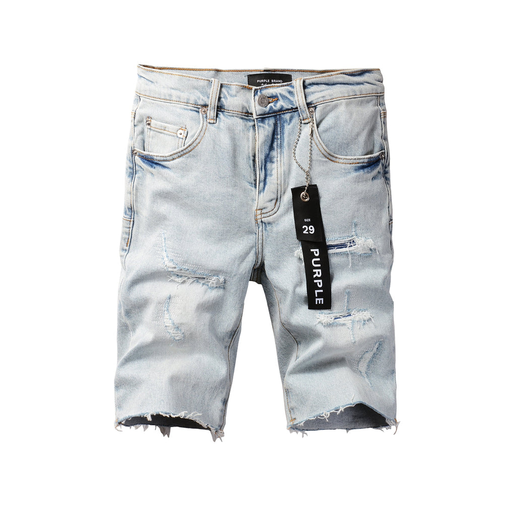 Men Streetwear Denim Shorts Light Blue Wash with Distressed Rips and Raw Hem 5088