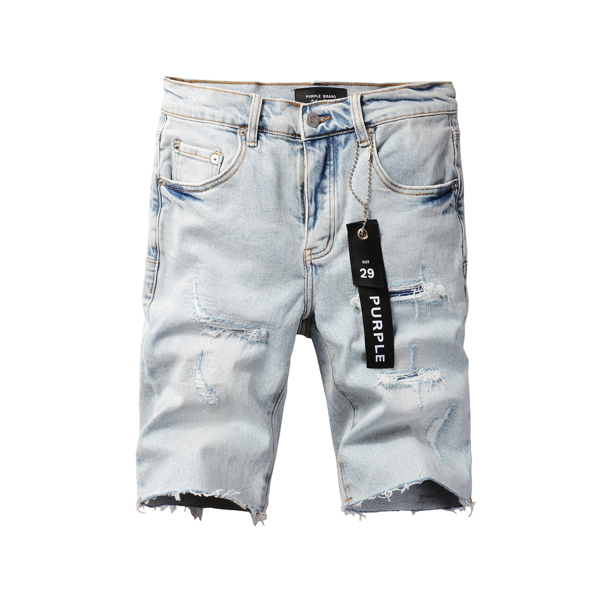 Men Streetwear Denim Shorts Light Blue Wash with Distressed Rips and Raw Hem 5088