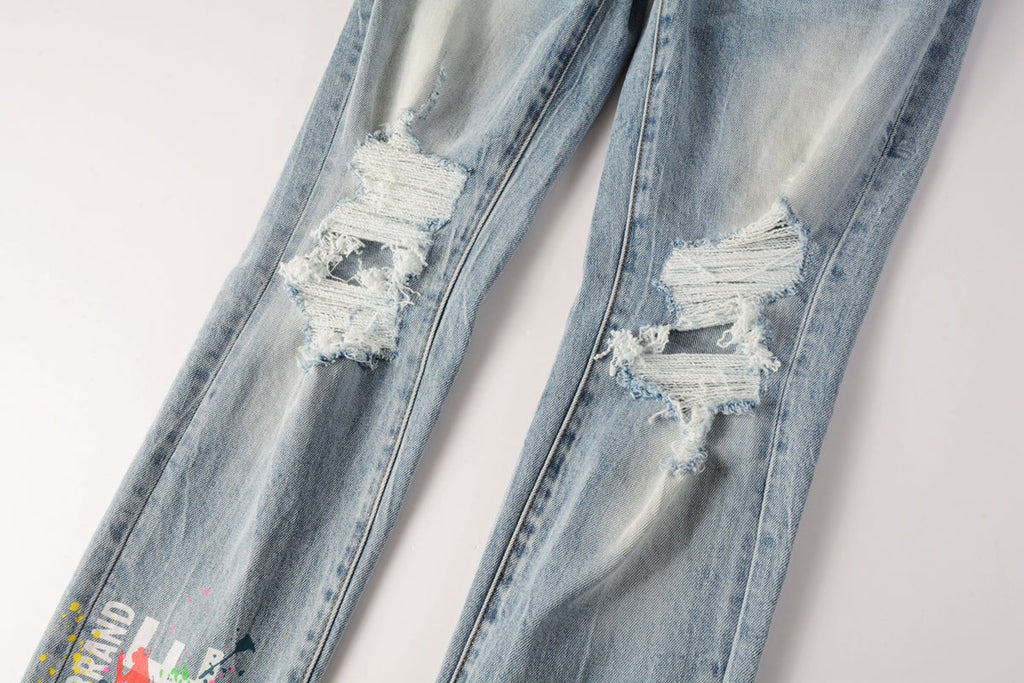 Men Streetwear Jeans Light Blue Ripped Graffiti Print Distressed skinny 9101