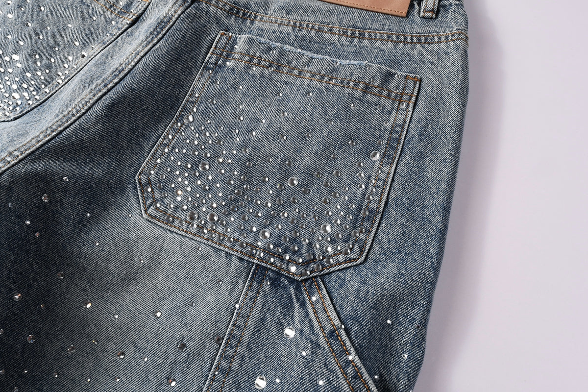 Men Streetwear Cargo Denim Shorts Light Blue Wash with Rhinestone Embellishment and Distressed Details 5097