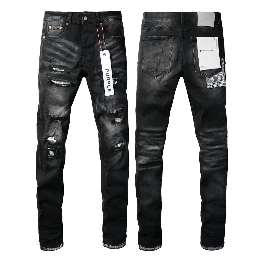 Men Streetwear Skinny Jeans Black Wash with Distressed Rips, Checkered Patches and White Paint Splatter 9001