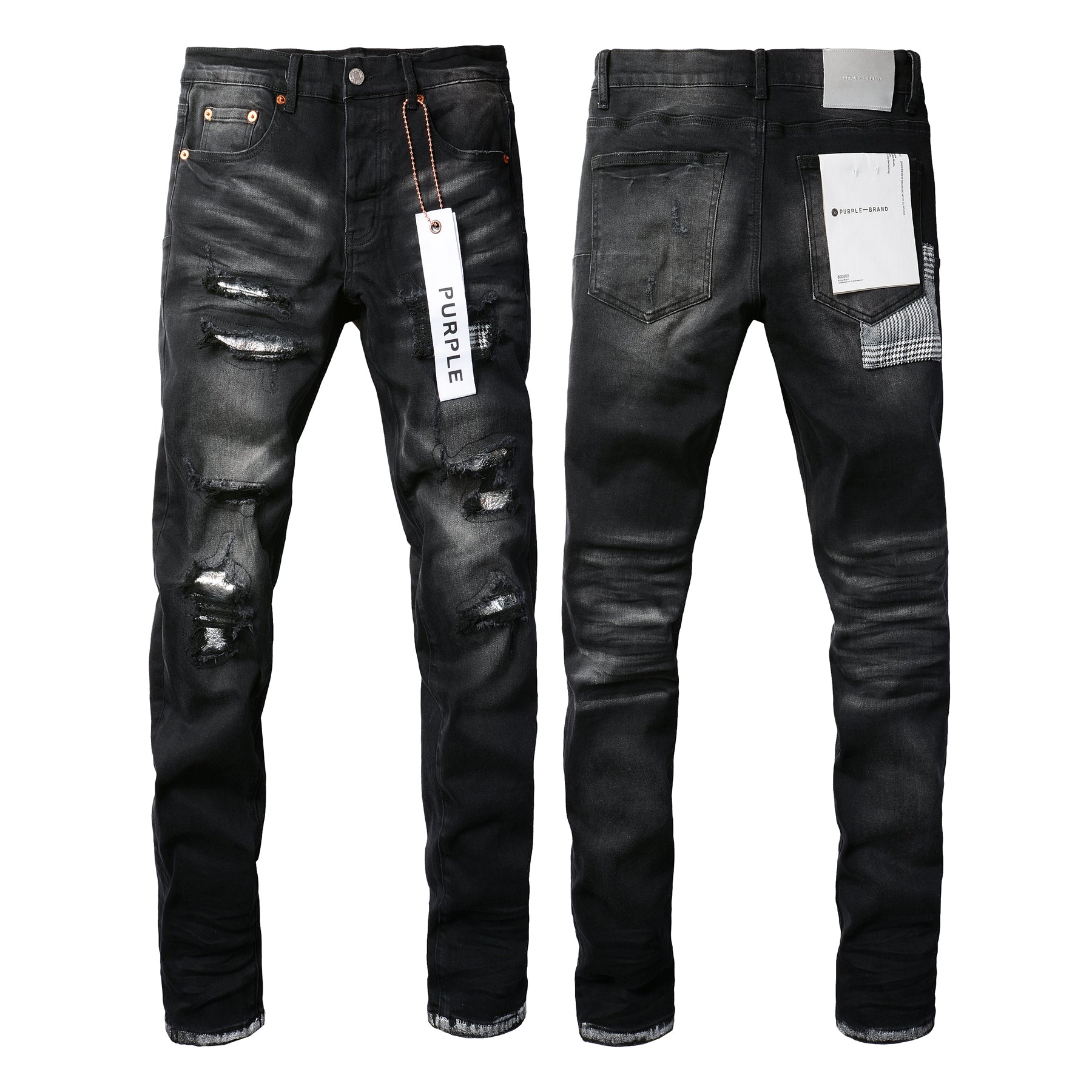Men Streetwear Skinny Jeans Black Wash with Distressed Rips, Checkered Patches and White Paint Splatter 9001