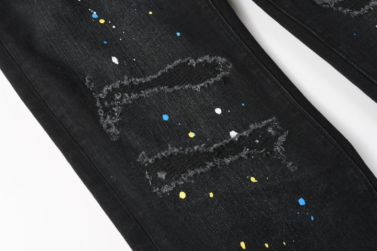 Men Streetwear Skinny Jeans Black Wash with Distressed Details and Multi - Color Paint Splash 9121