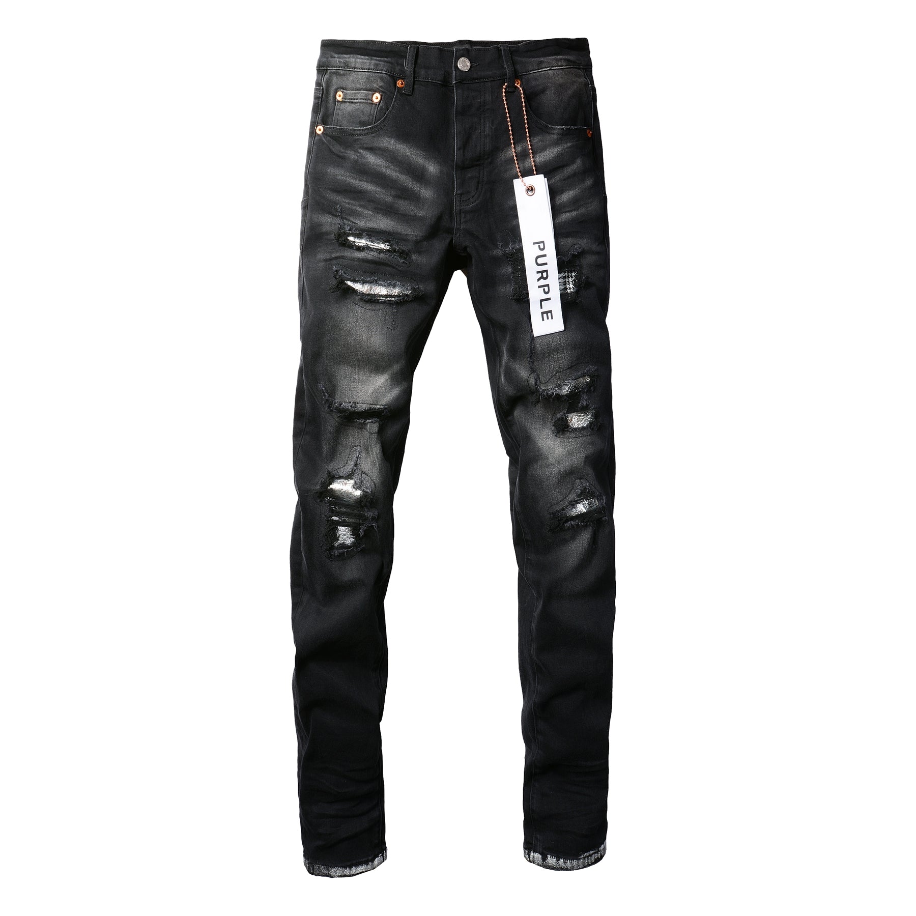 Men Streetwear Skinny Jeans Black Wash with Distressed Rips, Checkered Patches and White Paint Splatter 9001