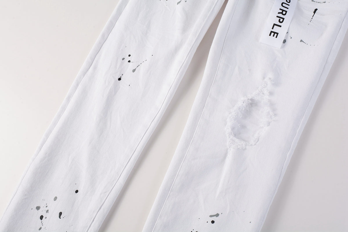 Men Streetwear Skinny Jeans White Wash with Black Paint Splatter and Distressed Rip 9021