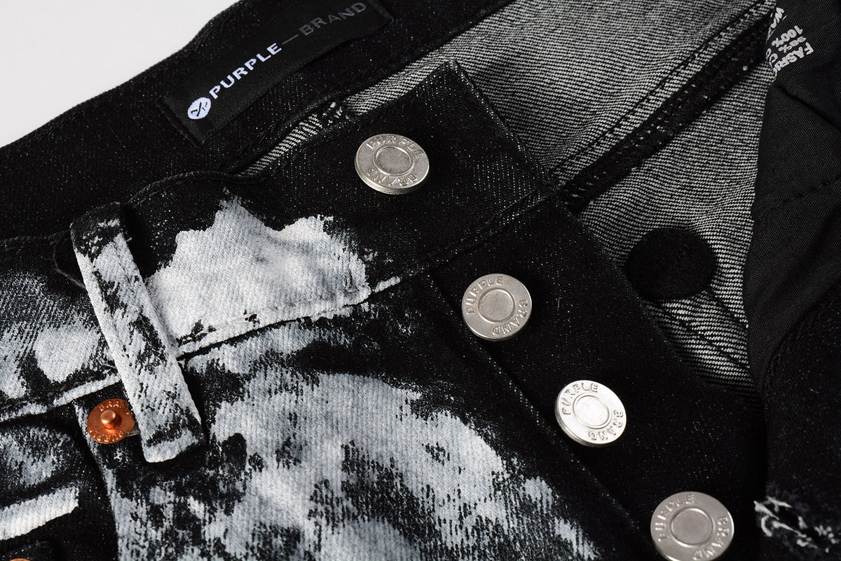 Men Streetwear Skinny Jeans Black and White Graffiti Wash with Multi - Color Paint Accents 9020