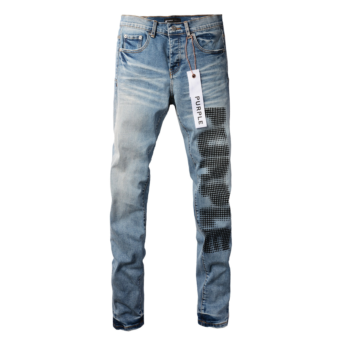 Men Streetwear Skinny Jeans Light Blue Wash with Black Pixelated Pattern Print 9052