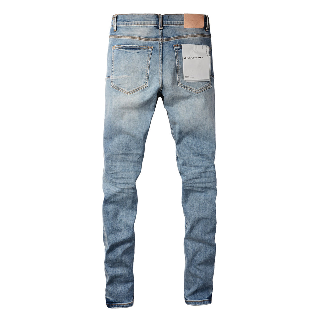 Men Streetwear Skinny Jeans Light Blue Wash with Black Pixelated Pattern Print 9052