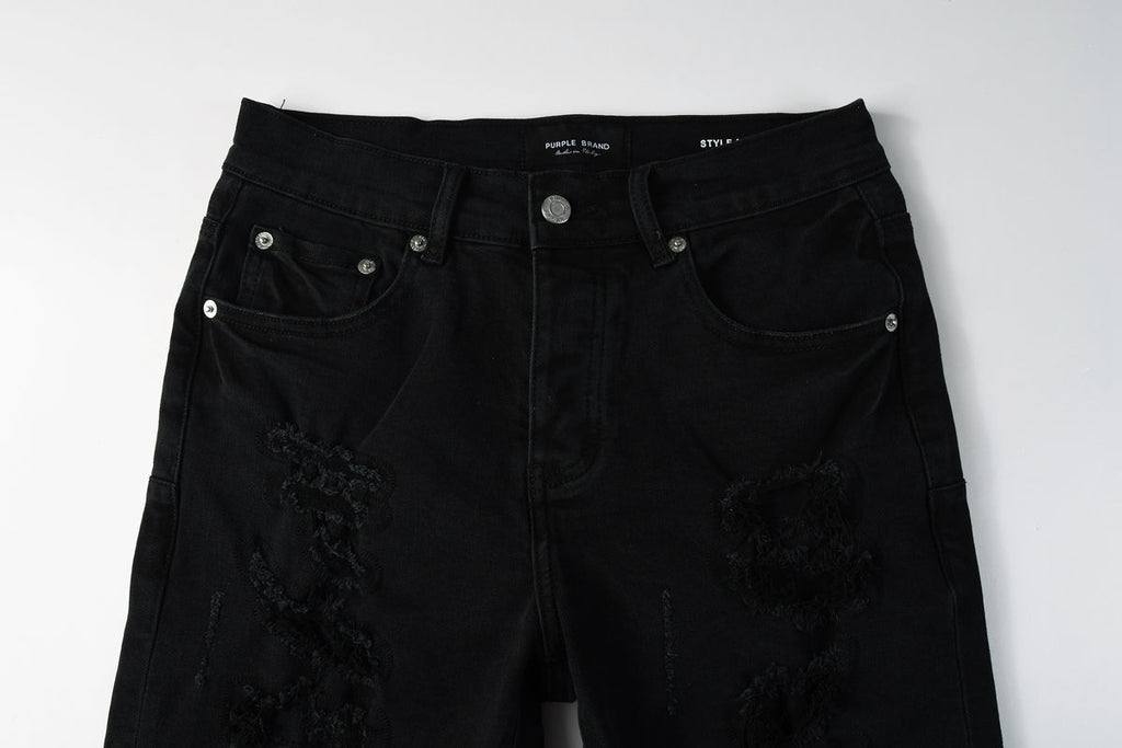 Men Streetwear Black Denim Shorts with Distressed Ripped Details and Raw Hem 5108