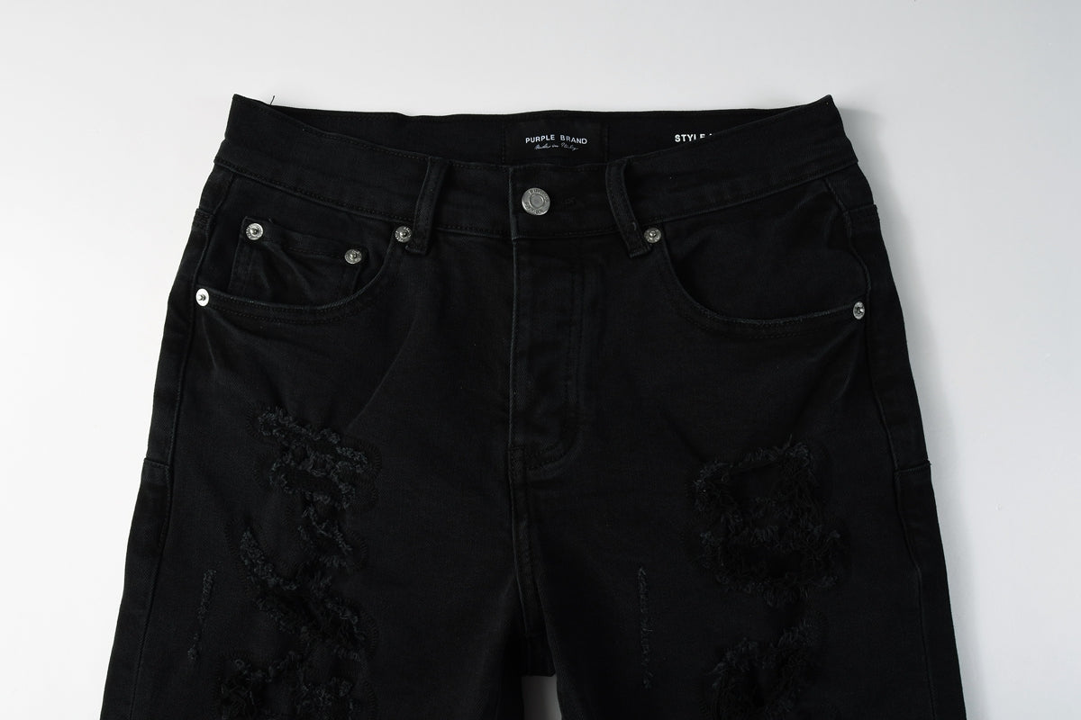 Men Streetwear Black Denim Shorts with Distressed Ripped Details and Raw Hem 5108
