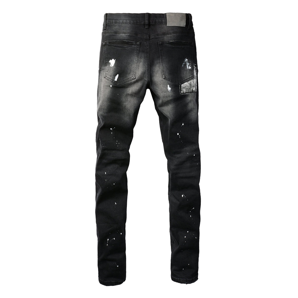 Men Streetwear Jeans Distressed Black Paint Splash Patch Ripped skinny 9099