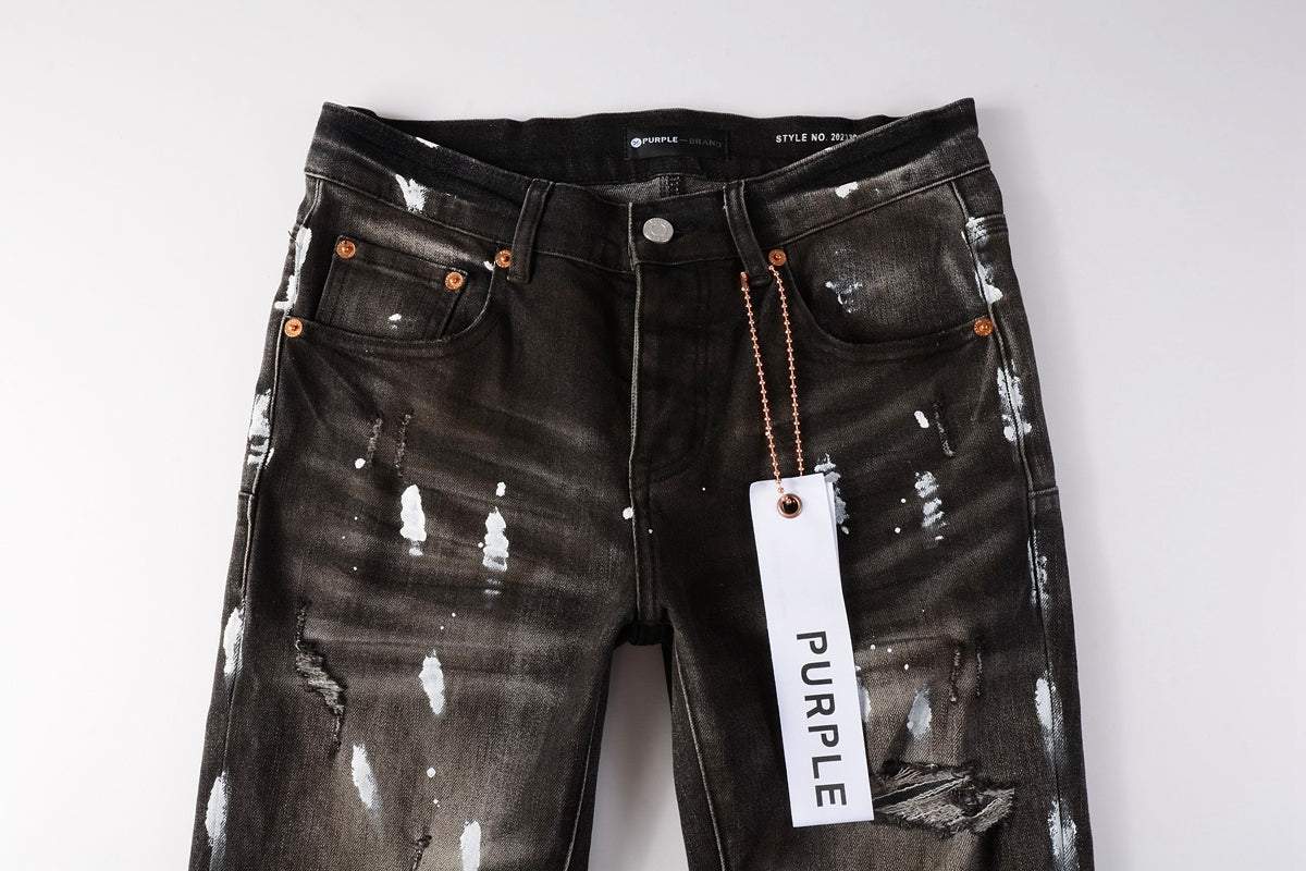 Men Streetwear Skinny Jeans Dark Gray Wash with White Paint Splatter and Distressed Rips 9030