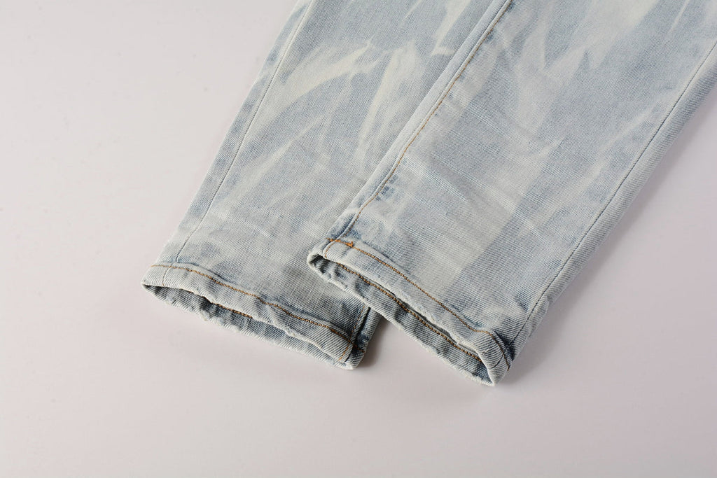 Men Streetwear Skinny Jeans Light Blue Wash with White Brushstroke Texture 7017