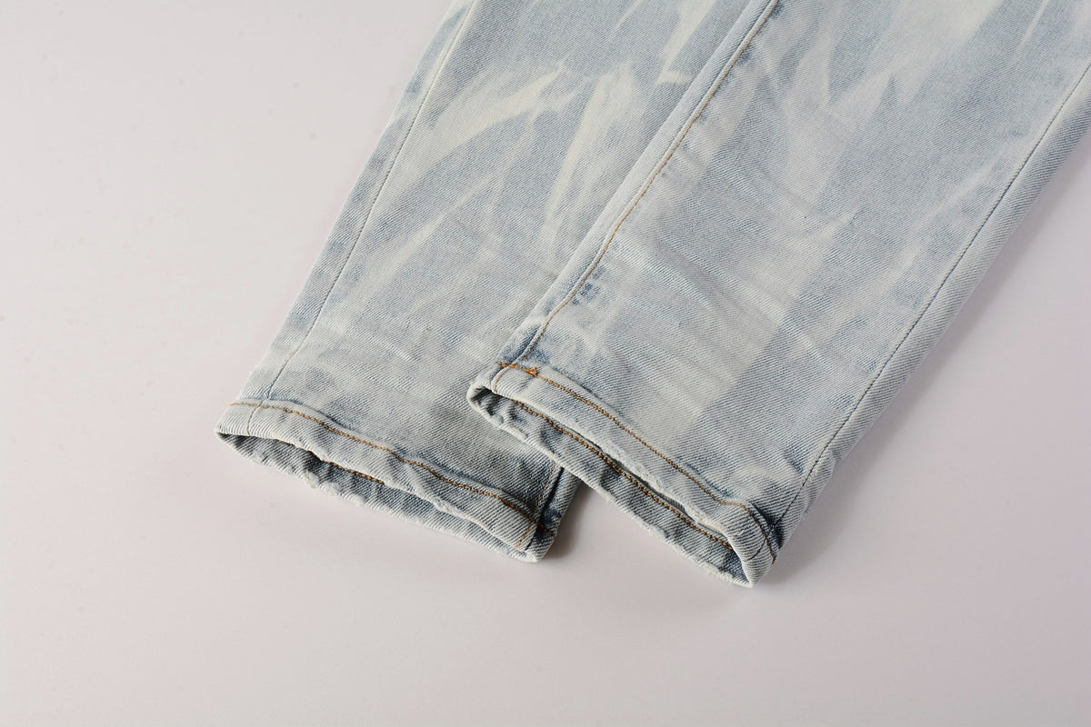 Men Streetwear Skinny Jeans Light Blue Wash with White Brushstroke Texture 7017