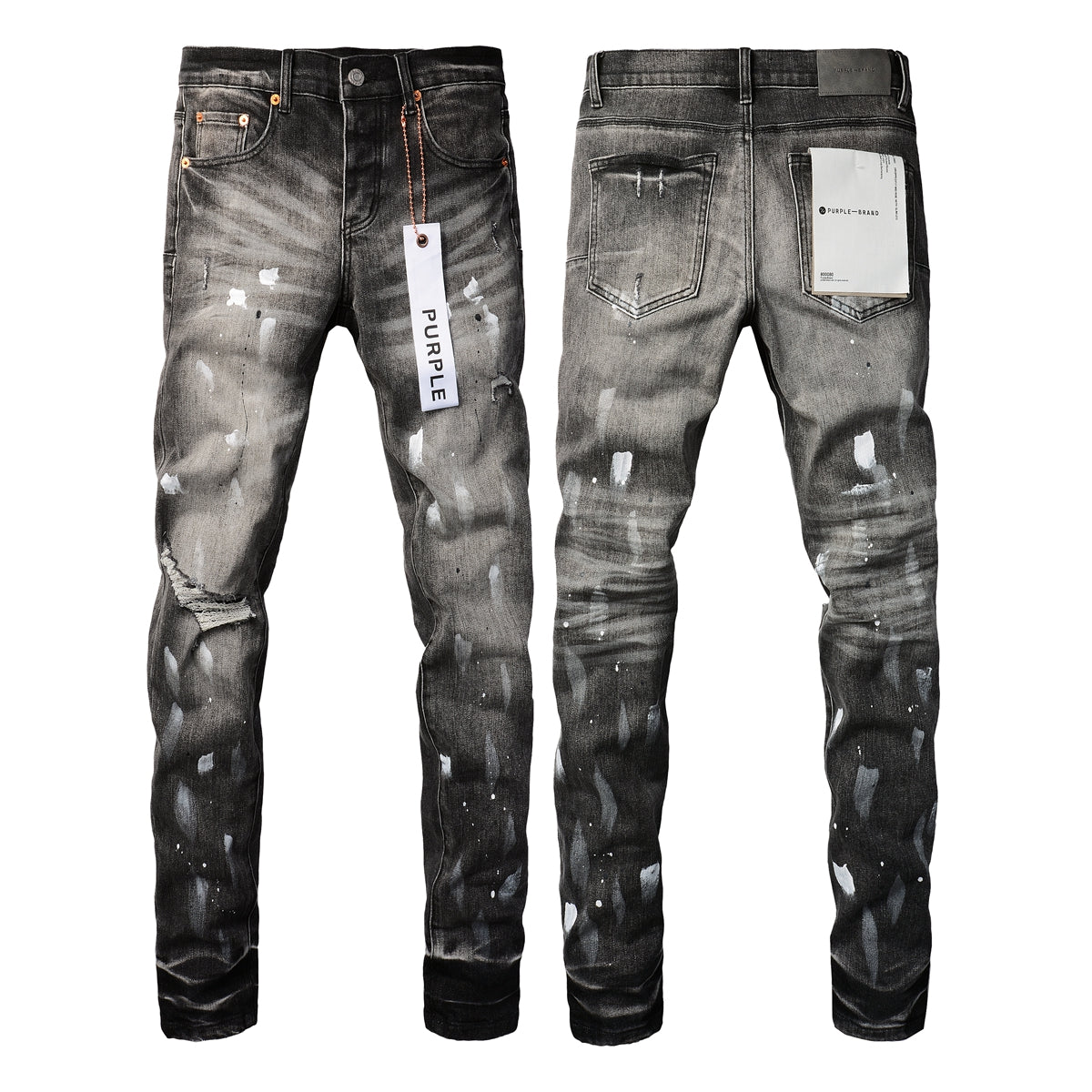 Men Streetwear Skinny Jeans Dark Gray Wash with White Paint Splatter and Distressed Rips 9032