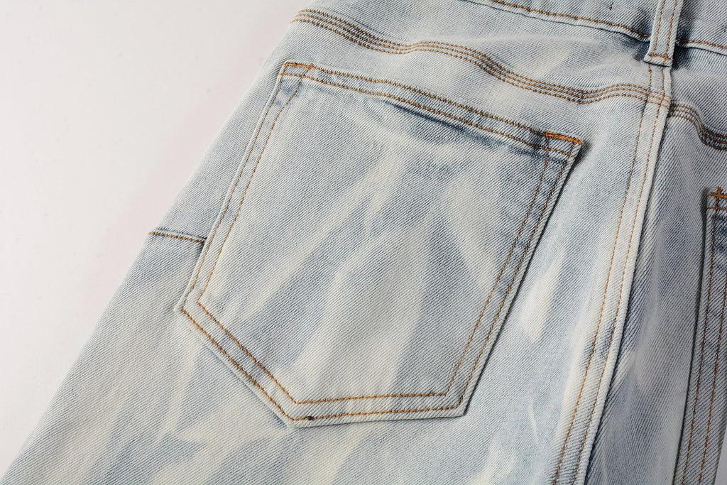 Men Streetwear Skinny Jeans Light Blue Wash with White Brushstroke Texture 7017