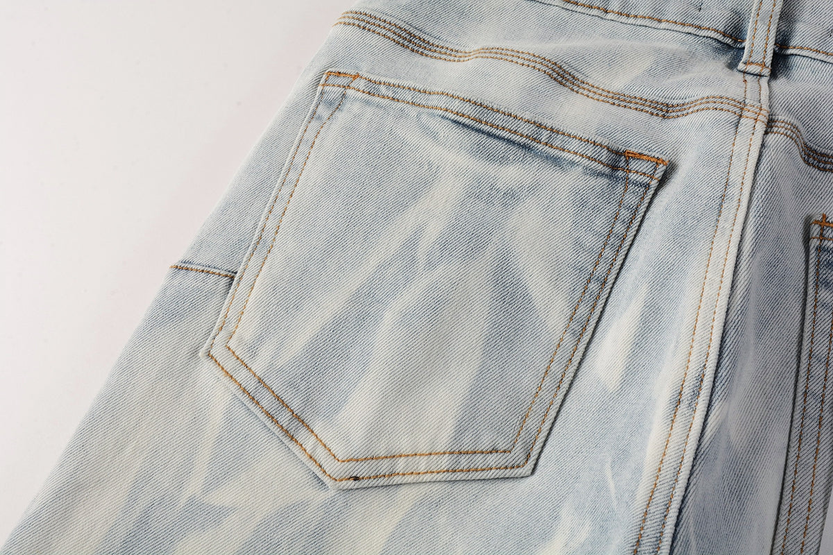 Men Streetwear Skinny Jeans Light Blue Wash with White Brushstroke Texture 7017