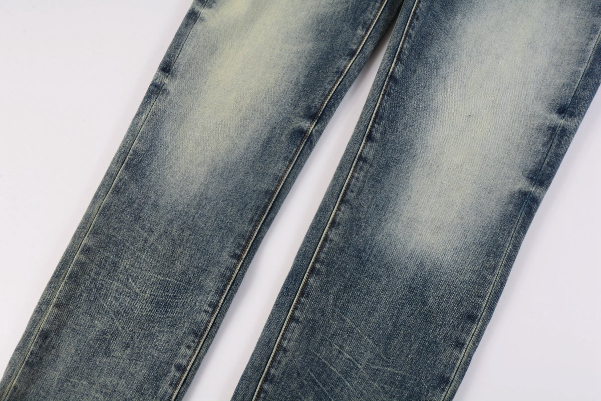 Men Streetwear Skinny Jeans Light Blue Wash with Faded Gradient Distress 9042