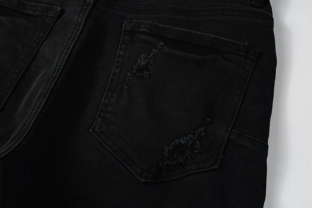 Men Streetwear Black Denim Shorts with Distressed Ripped Details and Raw Hem 5108